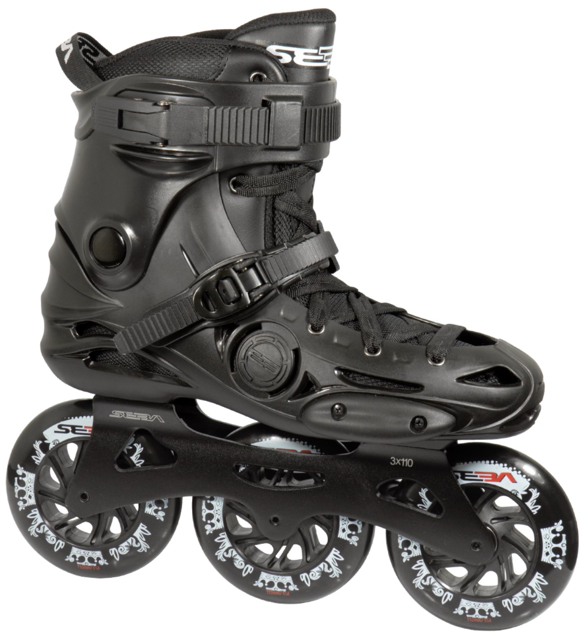 Seba E3 Premium 310 Black freeride inline skate with three black Seba Street Kings 110 mm wheels and ABEC 9 bearings
